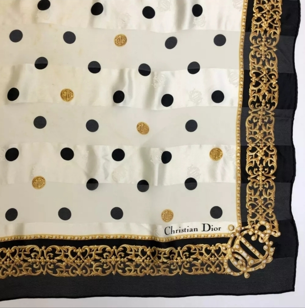 Christian Dior Vintage Emblem Logo Polka Dot Pattern Silk Scarf + Dior Hard Box - Picture 5 of 9